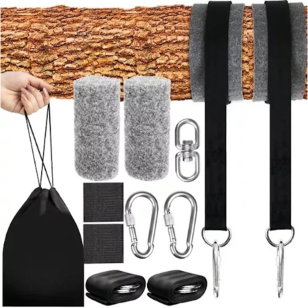 Kit montare hamac si balansoar, set prindere cu 2 franghii nailon, 2 carabiniere metalice si husa depozitare, instalare rapida fara gaurire, suport pana la 150 kg