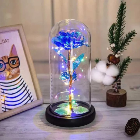 Idei cadou - Trandafir albastru VarioShop, iluminare LED RGB, cupolă de sticlă, 19x9cm