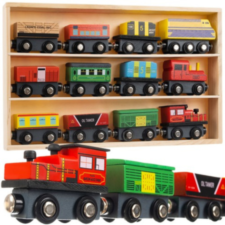 Masinute - Trenulet magnetic din lemn VarioShop®, pentru joaca educativa copii, cu 3 locomotive, 9 vagoane colorate si organizator, 33 x 20 x 3 cm, multicolor