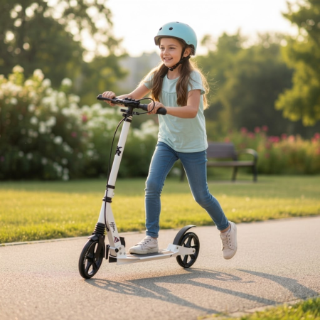 Trotinete - Trotineta pliabila pentru copii si adulti, roti 20 cm, suspensie, frana pe disc, suport parcare, ideala pentru oras si transport rapid