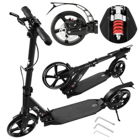 Trotinete - Trotineta pliabila VarioShop®, pentru copii si adulti, roti 20 cm, suspensie, frana pe disc, suport parcare, pentru oras si transport rapid, negru