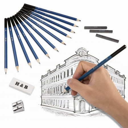 Trusa profesionala pentru schite VarioShop®, set desen cu 32 elemente, grafit, carbune, creioane, geanta inclusa, Negru [46]