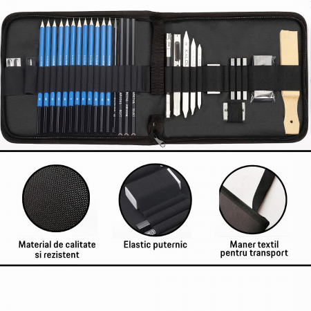 Trusa profesionala pentru schite VarioShop®, set desen cu 32 elemente, grafit, carbune, creioane, geanta inclusa, Negru [10]