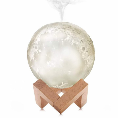 Umidificatoare - Umidificator cu lampa de veghe in forma de luna VarioShop®, lumina 3 culori, stand lemn, capacitate rezervor 880 ml, 3W, 15 dB, 16 x 13 cm