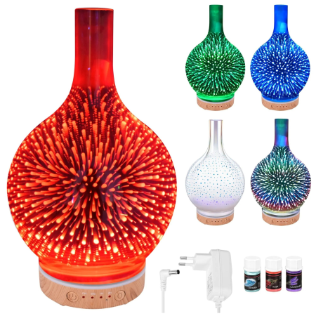 Umidificatoare - Umidificator de aer tip lampa VarioShop® cu functie de aromaterapie, 3 in 1, doua moduri de pulverizare, efect 3D artificii, LED RGB, 200 ml, cronometru, 3 uleiuri, maro/bej