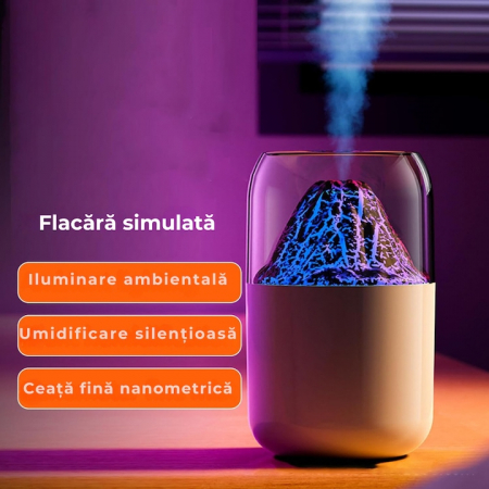 Umidificator de aer VarioShop®, tip vulcan cu difuzor si aromaterapie, iluminare RGB, oprire automata, pentru dormitor, birou, living, capacitate 300 ml, 14.5 x 8.5 cm, Alb [10]