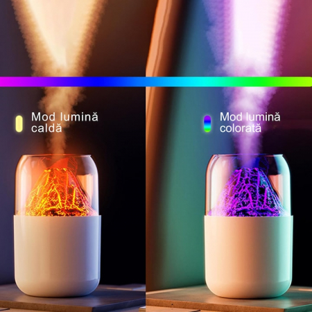 Umidificator de aer VarioShop®, tip vulcan cu difuzor si aromaterapie, iluminare RGB, oprire automata, pentru dormitor, birou, living, capacitate 300 ml, 14.5 x 8.5 cm, Alb [2]