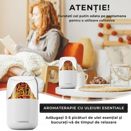 Umidificator de aer VarioShop®, tip vulcan cu difuzor si aromaterapie, iluminare RGB, oprire automata, pentru dormitor, birou, living, capacitate 300 ml, 14.5 x 8.5 cm, Alb [6]