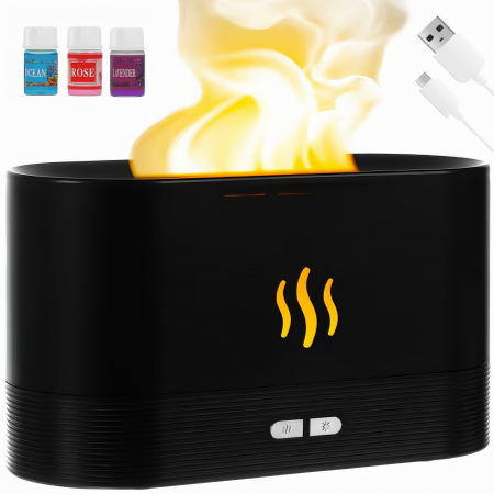 Electrocasnice & Climatizare - Umidificator de camera VarioShop®, efect de flacara, 7 Lumini + 3 Uleiuri esentiale pure, hidratare si aromaterapie, difuzor ultrasonic, silentios, capacitate 180 ml, 17x9, 8x7, 2 Negru
