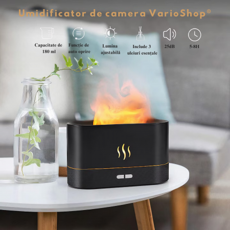 Umidificator de camera VarioShop®, efect de flacara, 7 Lumini + 3 Uleiuri esentiale pure, hidratare si aromaterapie, difuzor ultrasonic, silentios, capacitate 180 ml, 17x9, 8x7, 2 Negru [4]