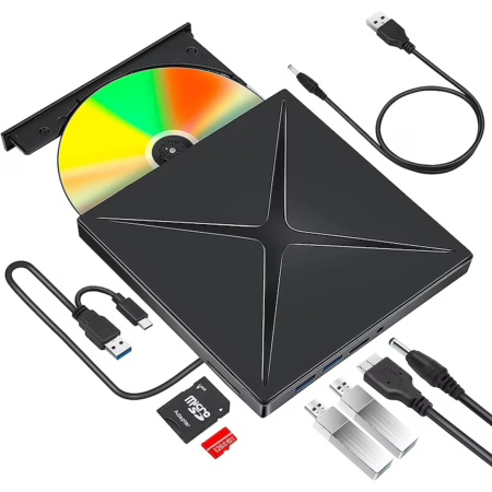 Accesorii monitoare - Unitate externa CD/DVD RW 4 in 1 VarioShop®, cu interfata USB 3.0 si USB-C, cititor carduri SD, 2 porturi USB suplimentare, viteza scriere 24X CD / 8X DVD, compatibil Windows, macOS, Linux, Plug & Pla