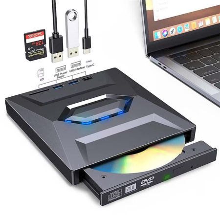 Accesorii hard disk-uri externe - Unitate externa CD/DVD RW 5 in 1 VarioShop®, USB 3.0, USB-C, cititor carduri SD/TF, compatibil Windows, macOS, Linux, viteza scriere 24X, design compact si portabil, Negru