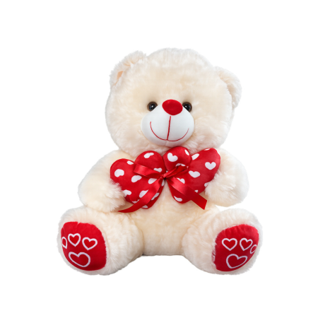 Jucarii interactive bebelusi - Ursulet de plus VarioShop®, crem, cu inimioara rosie si fundita decorativa, 30 x 28 cm
