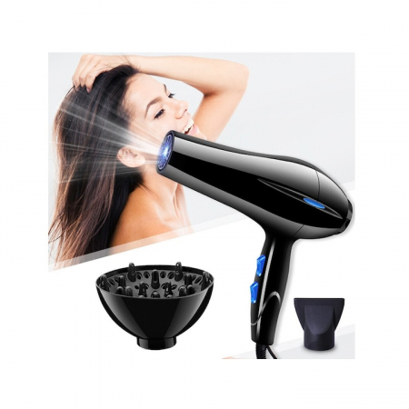 Uscatoare de par - Uscator de Par Profesional VarioShop®, cu Ioni Termostatici, Difuzor, Concentrator, Reglare Temperatura 3 Trepte, Reglare Putere 2 Trepte, Cablu 125 m, Carlig Pentru Agatat, 1200W, 26 x 25 cm, Negru