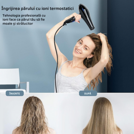 Uscator de Par Profesional VarioShop®, cu Ioni Termostatici, Difuzor, Concentrator, Reglare Temperatura 3 Trepte, Reglare Putere 2 Trepte, Cablu 125 m, Carlig Pentru Agatat, 1200W, 26 x 25 cm, Negru [4]