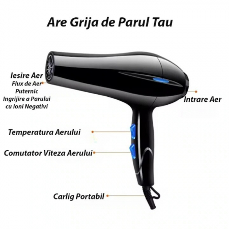 Uscator de Par Profesional VarioShop®, cu Ioni Termostatici, Difuzor, Concentrator, Reglare Temperatura 3 Trepte, Reglare Putere 2 Trepte, Cablu 125 m, Carlig Pentru Agatat, 1200W, 26 x 25 cm, Negru [9]