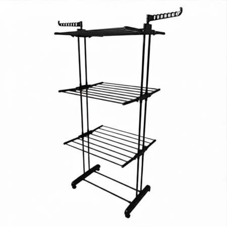 Cosuri pentru rufe si Ligheane - Uscator de rufe vertical pliabil VarioShop, 3 niveluri, 6 rafturi, 2 brate pentru umerase, suport rufe cu roti, pentru interior si exterior, capacitate 40 kg, negru