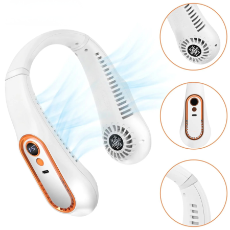 Ventilatoare si racitoare aer - Ventilator de gat portabil VarioShop®, pentru zile calduroase si activitati in aer liber, wireless, 5 moduri de viteza, baterie 1200 mAh, alb cu accesorii aurii