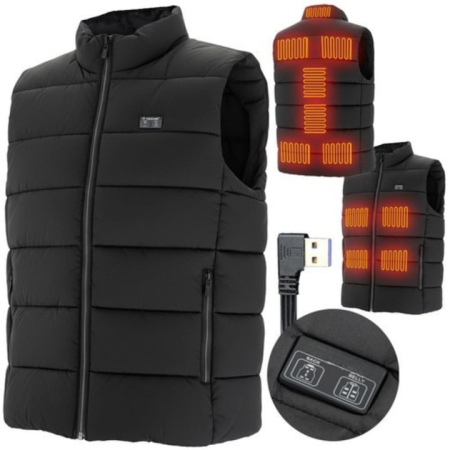 Imbracaminte sport - Vesta incalzita unisex XL cu 11 zone VarioShop®, USB, 3 niveluri temperatura, guler inalt, buzunar intern, rezistenta la vant, usor de spalat, design matlasat