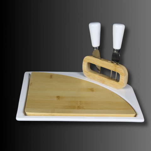 Bucatarie - CUT&SERVE, platou branzeturi ceramica si bambus ,cutite incluse