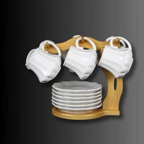 Set cești portelan alb vintage cu suport bambus NOBLESSE [3]