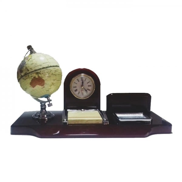 Set acesorii birou din lemn 4 piese glob pamantesc Ceas culoare cires 32cm [1]