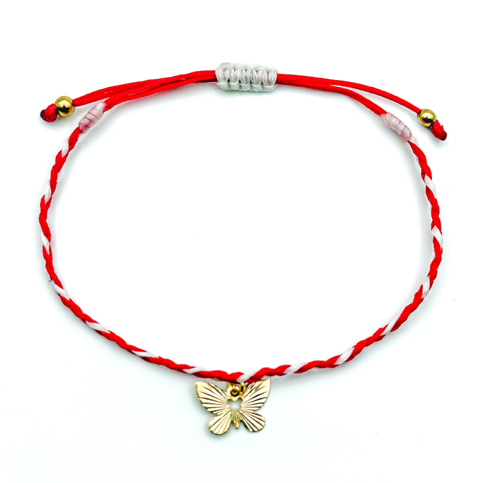 Bratara Velar cu Fluturas Auriu pe Snur Rosu cu Alb Impletit [2]