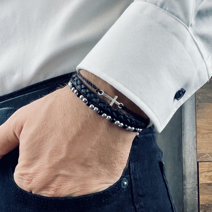 Onyx and Stainless Steel Beads Black Cross Bracelet SET [3]
