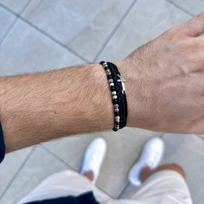 Onyx and Stainless Steel Beads Black Cross Bracelet SET [4]