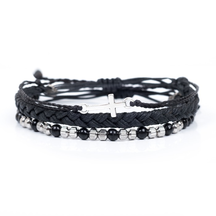 Onyx and Stainless Steel Beads Black Cross Bracelet SET [2]