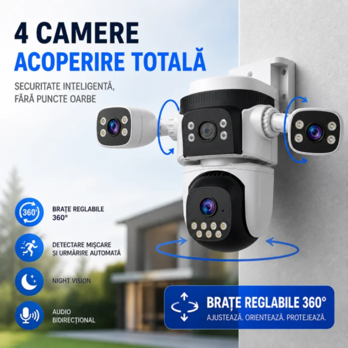 Camera de Supraveghere VENTART 2K, 4 Lentile, PTZ 360°, WiFi, Zoom 10X, Night Vision, Detectare Miscare si Audio Bidirectional [3]