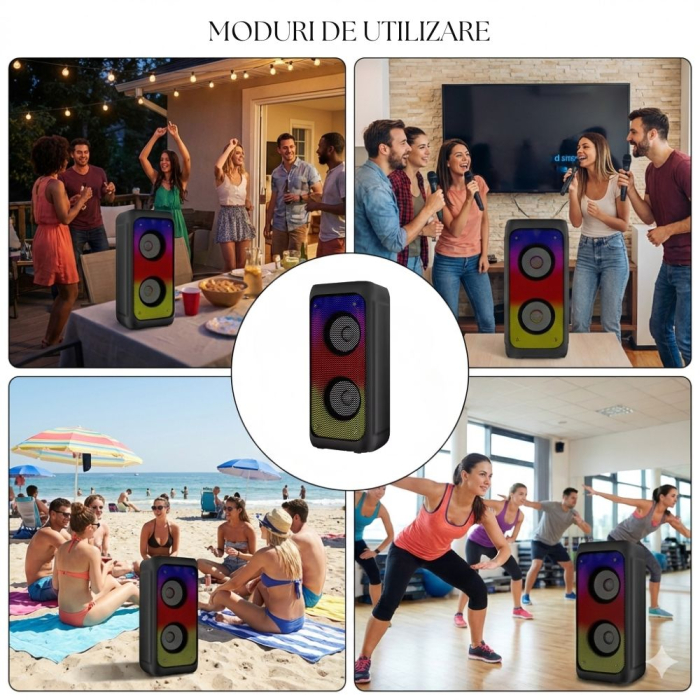 Boxa Portabila Bluetooth VENTART, Putere 50W, Autonomie 1200mAh, Lumini RGB, Functie Karaoke, Radio FM, Slot Card TF/USB, Bluetooth v5.3, Negru [3]