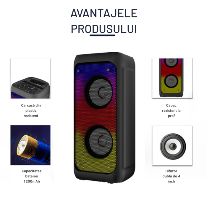 Boxa Portabila de Exterior VENTART, Impermeabila, cu 2 Microfoane Wireless, Bluetooth, Subwoofer, Petreceri, Karaoke, AUX ,USB [4]