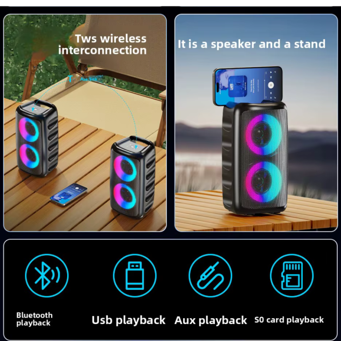 Boxa Portabila de Exterior VENTART, Impermeabila, cu 2 Microfoane Wireless, Bluetooth, Subwoofer, Petreceri, Karaoke, AUX ,USB [5]