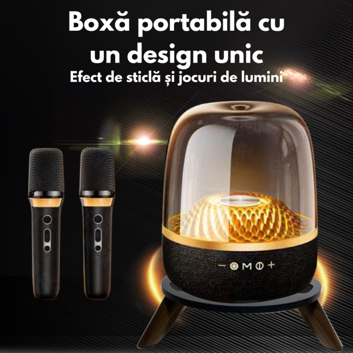 Boxa Portabila VENTART cu 2 Microfoane Wireless, Efect de Sticla, Bluetooth, pentru Karaoke/ Petreceri, cu Lumini, USB, AUX In, Neagra [2]
