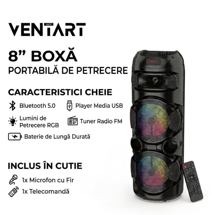 Boxa Portabila VENTART cu Difuzor 8 Inch, Bluetooth, Ecran Digital, 80 cm [2]