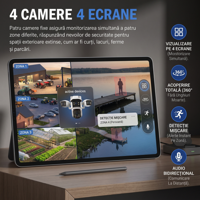 Camera de Supraveghere VENTART 2K, 4 Lentile, PTZ 360°, WiFi, Zoom 10X, Night Vision, Detectare Miscare si Audio Bidirectional [2]