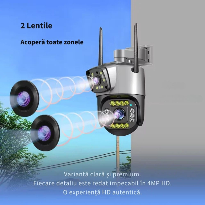 Camera supraveghere dubla, 4G, 2 lentile,360, comunicare bidirectionala, cu aplicatie pentru Android, IOS si PC, gri/negru [5]
