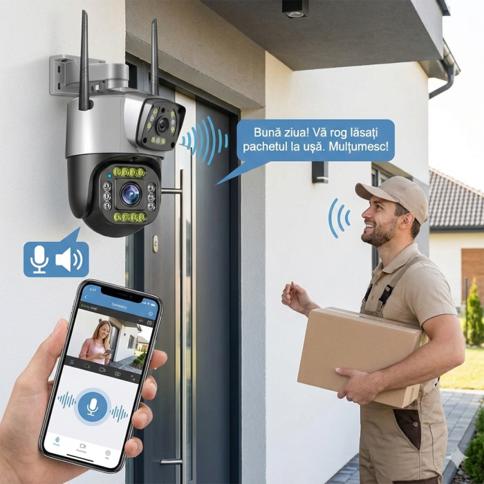 Camera supraveghere dubla, 4G, 2 lentile,360, comunicare bidirectionala, cu aplicatie pentru Android, IOS si PC, gri/negru [3]