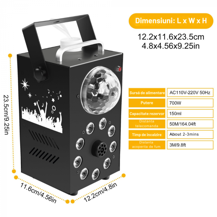 Masina de Fum VENTART cu Efecte de Lumina Magic Ball, Telecomanda Wireless, 700W, 9 LED-uri, pentru Petreceri, Evenimente, Scene, Neagra [4]