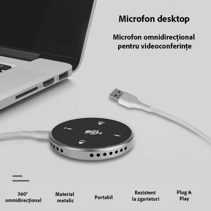 Microfon pentru Conferinte USB, VENTART, cu Difuzor, PC/Telefon, Omnidirectional, Streaming, Live, Videoconferinte, captare a sunetului 360°, Compact, Negru [6]