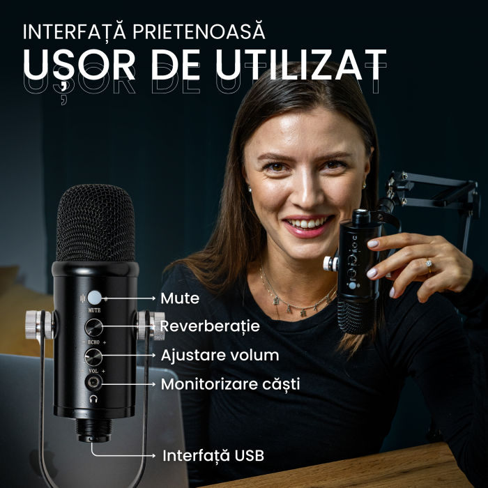 Microfon Streaming VENTART, Profesional, USB, Studio, Live-uri, Podcast, Inregistrari, Plug and Play, IOS/Android/Windows, Brat Ajustabil, Negru [6]