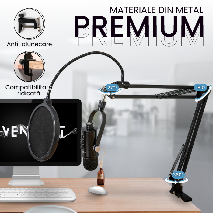 Microfon Streaming VENTART, Profesional, USB, Studio, Live-uri, Podcast, Inregistrari, Plug and Play, IOS/Android/Windows, Brat Ajustabil, Negru [4]