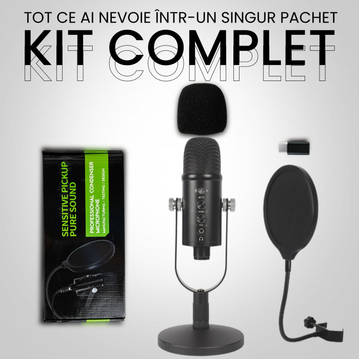 Microfon Streaming VENTART, Profesional, USB, Studio, Live-uri, Podcast, Inregistrari, Plug and Play, IOS/Android/Windows, Stativ birou, Negru [2]