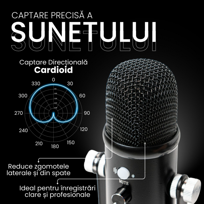 Microfon Streaming VENTART, Profesional, USB, Studio, Live-uri, Podcast, Inregistrari, Plug and Play, IOS/Android/Windows, Stativ birou, Negru [3]