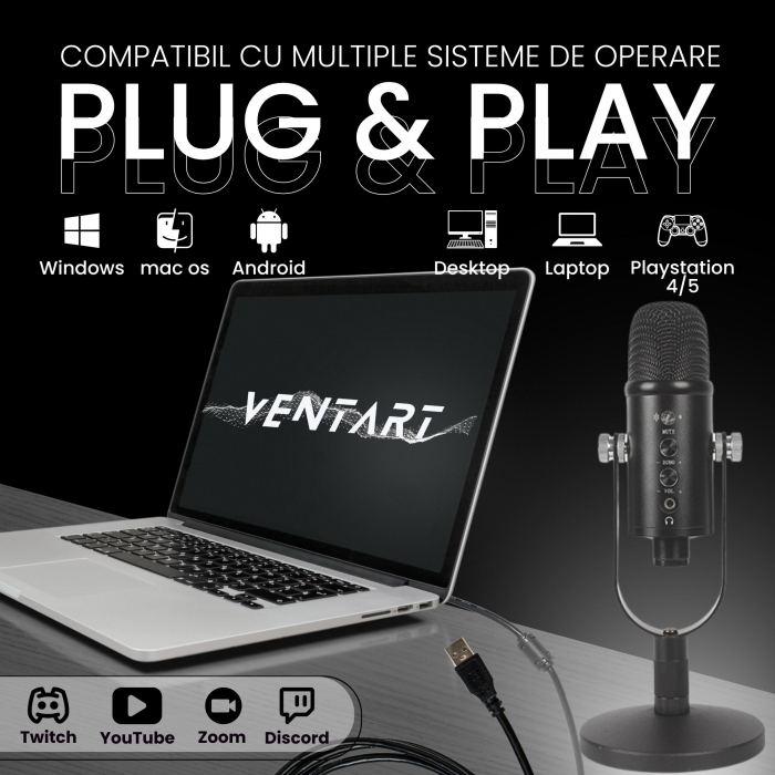 Microfon Streaming VENTART, Profesional, USB, Studio, Live-uri, Podcast, Inregistrari, Plug and Play, IOS/Android/Windows, Stativ birou, Negru [4]