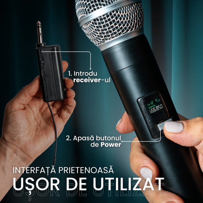 Microfon Wireless VENTART, cu Receiver Jack 6, 35mm, Baterie reincarcabila, UHF, Plug and Play [8]