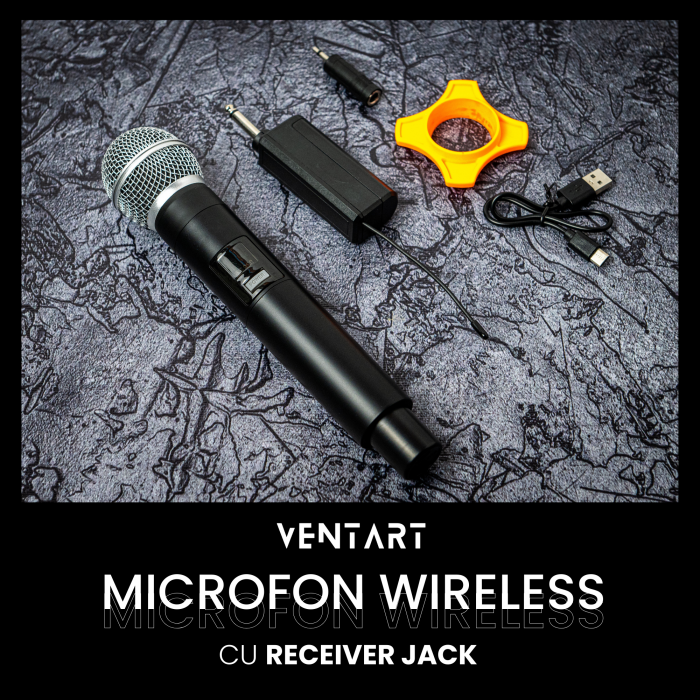 Microfon Wireless VENTART, cu Receiver Jack 6, 35mm, Baterie reincarcabila, UHF, Plug and Play [3]