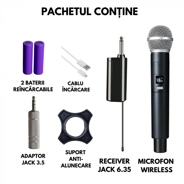 Microfon Wireless VENTART, cu Receiver Jack 6, 35mm, Baterie reincarcabila, UHF, Plug and Play [2]