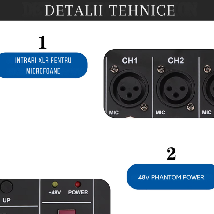 Mixer audio Profesional VENTART Amplificat, 2 x 300W, 4 canale, 16 efecte DSP, Bluetooth, USB, alimentare 48V, XLR out, Albastru [6]